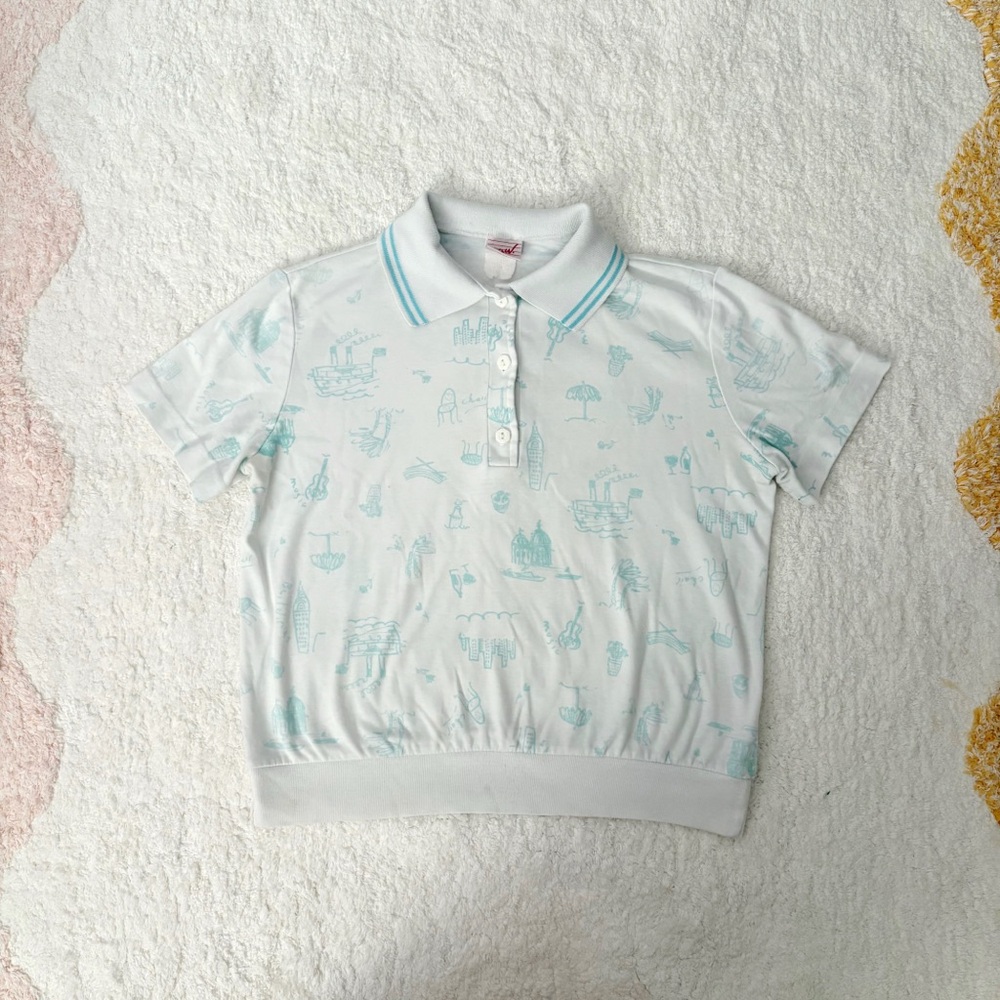 VINTAGE 80s 90s GW White Cotton Preppy Novelty Polo Short Sleeve Tee